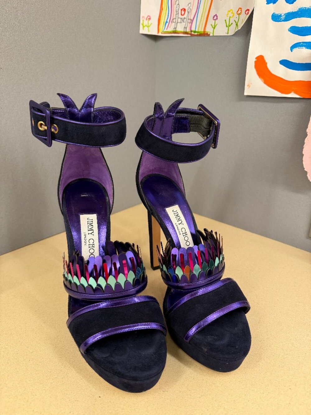 Jimmy Choo Purple and Teal Metallic Fringe Ankle-Strap Stiletto Heels